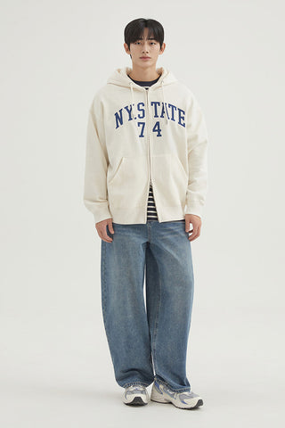 Men Long Sleeve Zip-Up Hooded Jacket - Cream