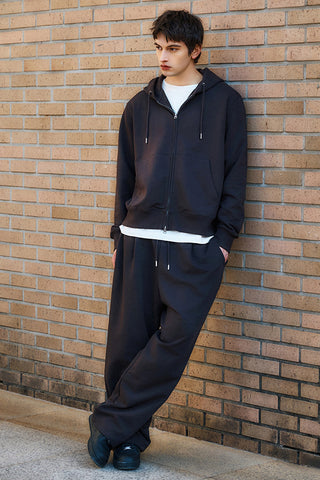 Men Long Sleeve 2-Way Zip-Up French Terry Hoodie - Black