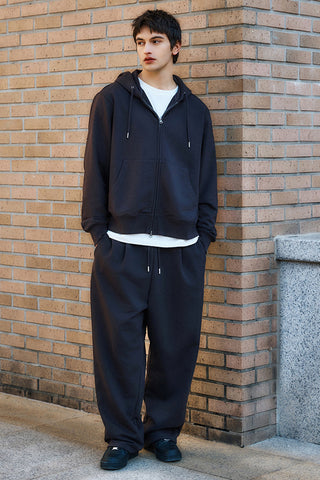 Men Long Sleeve 2-Way Zip-Up French Terry Hoodie - Black