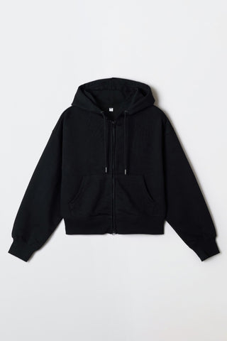 Women Long Sleeve 2-Way Zip-Up Crop Hoodie - Black