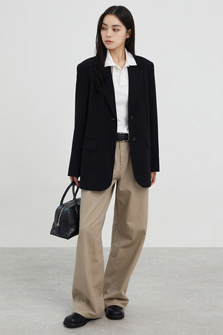 Women Cotton Twill Wide Pants - Beige