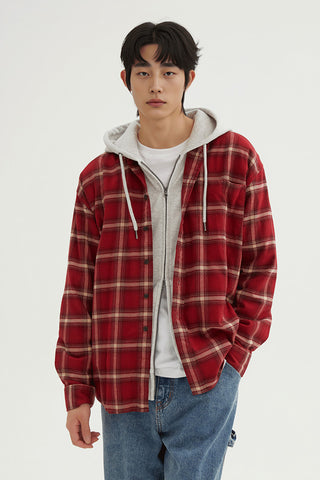 Men Long Sleeve Flannel Overfit Check Shirt - Red