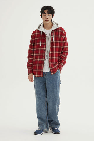 Men Long Sleeve Flannel Overfit Check Shirt - Red