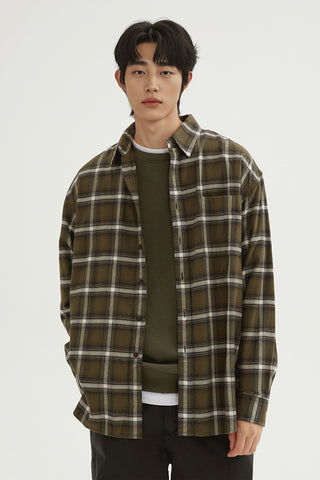 Men Long Sleeve Flannel Overfit Check Shirt