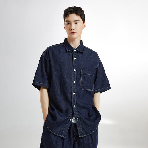 SPAO Men Short Sleeve Denim Shirt SPYJE26C01 Navy