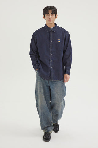 Men Long Sleeve Woodie Overfit Denim Shirt - Navy