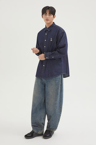 Men Long Sleeve Woodie Overfit Denim Shirt - Navy